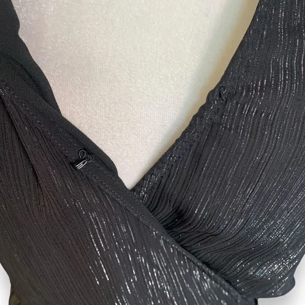 Michael Kors Dress‎ Faux Wrap Black Metallic Shimmer Asymmetrical Ruffle Sheer